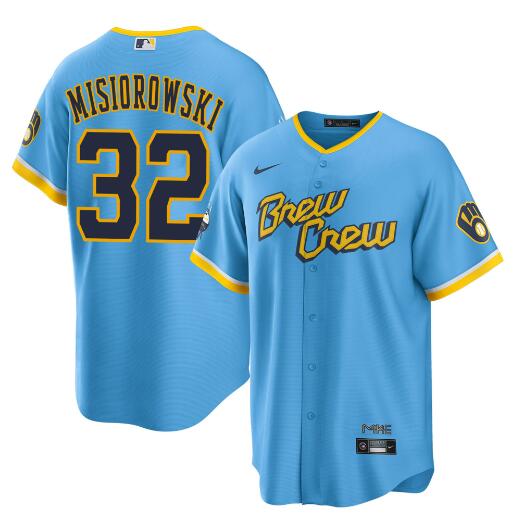 Men's Milwaukee Brewers #32 Jacob Misiorowski Powder Blue City Connect Cool Base Stitched Jersey